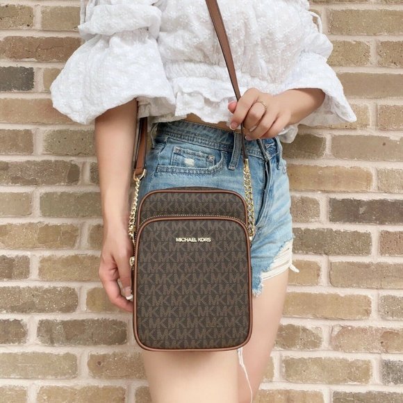 Michael Kors Flight Bag Jet Set Chain North South Crossbody Brown MK Signature - Picture 3 of 4